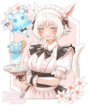  1girl alternate_costume animal_ears apron aqua_eyes archon_mark black_bow black_bowtie black_corset black_dress black_ribbon border bow bowtie breasts cat_ears cat_girl cat_tail center_frills closed_mouth commentary_request corset cowboy_shot creature dress elemental_(creature) enmaided facial_mark final_fantasy final_fantasy_xiv food frilled_wrist_cuffs frills hair_ornament hair_ribbon heart heart_hair_ornament highres holding holding_plate ice_cream looking_at_viewer maid maid_headdress medium_breasts miqo'te neck_tattoo nixie_(ff14) pink_background plate puffy_short_sleeves puffy_sleeves ribbon shirt short_sleeves sidelocks smile sundae tail tail_raised tattoo twitter_username waist_apron water_elemental watermark whisker_markings white_apron white_border white_hair white_shirt white_wrist_cuffs wrist_cuffs y'shtola_rhul yue_limsa 