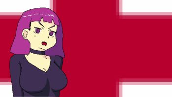  1girl 2026 alternate_breast_size_(larger) amelia_(pathways) angry animated black_choker black_shorts blunt_bangs bob_cut bouncing_breasts breasts choker cleavage commentary cross_of_saint_george english_commentary english_text female_focus greathullabaloo highres jiggle large_breasts mole mole_under_eye pathways_(game) pixel_art politics pout purple_eyes purple_hair short_hair shorts solo upper_body video  rating:Sensitive score:15 user:Itwyug3