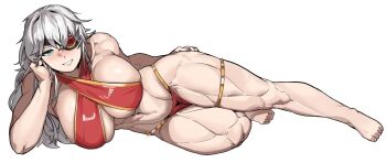  1girl bikini breasts eyepatch green_eyes grey_hair halterneck huge_breasts long_hair lying muscular muscular_female on_side original smile solo soolee040995 swimsuit white_background 