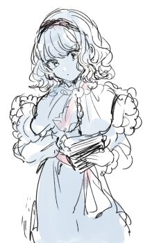  1girl alice_margatroid blue_dress book capelet commentary_request dress hairband holding holding_book long_sleeves looking_at_viewer medium_hair mozukuzu_(manukedori) muted_color simple_background sketch solo touhou white_background white_capelet 
