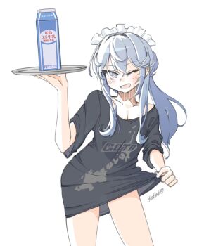  1girl alternate_costume black_shirt blue_eyes blue_hair clothes_writing commentary_request drink_carton gotland_(island) gotland_(kancolle) hair_bun highres island kantai_collection long_hair maid_headdress map milk_carton mole mole_under_eye name_connection object_namesake one_eye_closed oversized_clothes oversized_shirt ponytail shirt shirt_hold shitty_t-shirt_naval_base simple_background single_hair_bun solo t-shirt tatahai tray white_background 
