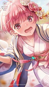  1girl ahoge blunt_bangs blurry blurry_background blush commentary copyright_logo copyright_notice cowboy_shot day downturned_eyes dutch_angle english_commentary eyelashes eyes_visible_through_hair floating_clothes floral_print floral_print_kimono flower glint hair_flower hair_ornament hand_up heaven_burns_red highres japanese_clothes kanzashi kimono layered_kimono logo long_sleeves looking_at_viewer official_alternate_costume official_art official_wallpaper ooshima_minori ooshima_minori_(soigne_maiden) open_clothes open_kimono open_mouth outdoors pink_eyes pink_flower pink_hair pink_kimono pink_sash print_kimono sash short_hair sidelighting solo sweatdrop tassel white_flower white_kimono wide_sleeves 