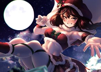  1girl absurdres animal_ears armpits black_streaks blush breasts brown_eyes brown_hair brown_tail cape capelet commentary_request crop_top full_moon fur-trimmed_cape fur-trimmed_capelet fur-trimmed_headwear fur-trimmed_skirt fur-trimmed_tube_top fur-trimmed_wristband fur_trim hair_between_eyes hat highres holding holding_sack horse_ears horse_girl horse_tail hoshikuzu_kizuna_(kizuna_stardust) leg_ribbon looking_at_viewer medium_breasts medium_hair midriff moon multicolored_hair navel nice_nature_(umamusume) night outdoors outstretched_arm red_capelet red_hat red_skirt red_socks red_tube_top ribbon sack santa_hat skirt smile socks solo stomach strapless streaked_hair tail thigh_ribbon thighs tube_top twintails umamusume 