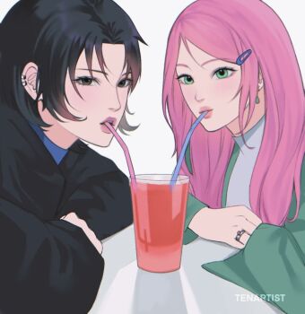  2girls alternate_costume alternate_hairstyle arm_rest arms_on_table artist_name black_eyes black_hair black_jacket blue_shirt chromatic_aberration commentary couple cup dating drinking drinking_straw drinking_straw_in_mouth ear_piercing earrings english_commentary eyelashes flipped_hair genderswap genderswap_(mtf) green_eyes green_jacket hair_ornament hair_over_shoulder hairpin haruno_sakura implied_yuri invisible_table jacket jewelry juice long_hair looking_at_viewer multiple_girls naruto_(series) open_clothes open_jacket open_mouth parted_bangs parted_hair piercing pink_hair ring shared_drink shirt short_hair simple_background swept_bangs teardrop_earrings teeth tenartistt turtleneck uchiha_sasuke upper_body watermark white_background white_shirt 