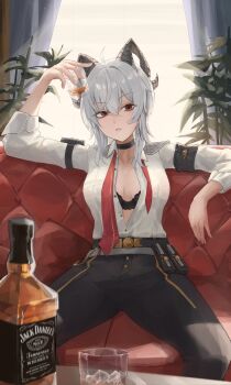  1girl alcohol armband black_armband black_bra black_choker black_horns black_pants bottle bra bra_peek breasts choker collared_shirt commentary couch cup curled_horns curtains drinking_glass grey_hair highres holding holding_cup horns huyn_ebuns indoors jack_daniel's large_breasts long_hair looking_at_viewer multicolored_hair necktie on_couch pants parted_lips red_eyes red_necktie revision shirt shirt_tucked_in sitting solo streaked_hair underwear undone_necktie whiskey white_shirt window wuthering_waves zani_(wuthering_waves) 