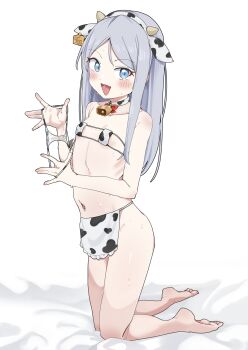  1girl absurdres animal_ear_hairband animal_ears animal_print apron bell bikini blue_eyes breasts covered_erect_nipples cow_ear_hairband cow_ears cow_girl cow_print cow_print_hairband cowbell ear_tag fake_animal_ears full_body grey_hair hairband highres holding holding_panties holding_underwear holding_unworn_clothes kneeling light_blush loli long_hair looking_at_viewer merlt miniapron navel neck_bell nipple_slip nipples no_panties open_mouth original panties print_bikini simple_background small_breasts smile solo sweat swimsuit underwear unworn_panties white_background 
