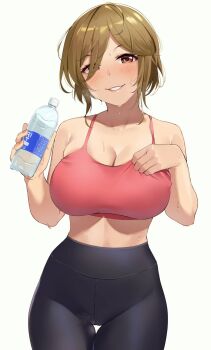 1girl bare_shoulders black_pants blush bottle breasts brown_eyes brown_hair cleavage clothes_grab collarbone commentary_request cowboy_shot crop_top eyebrows_hidden_by_hair gym-oneesan hair_over_one_eye hand_on_own_chest high-waist_pants highres holding holding_bottle igarashi_kyouhei large_breasts looking_at_viewer midriff original pants parted_lips red_tank_top shirt_grab short_hair simple_background smile solo sports_bra standing tank_top water_bottle white_background yoga_pants rating:Sensitive score:130 user:danbooru