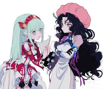  2girls absurdres awestruck black_gloves black_hair commentary_request crossed_arms curly_hair dress eyeshadow gloves green_eyes hairband hat highres hilda_rhambling in-franchise_crossover lace lace-trimmed_dress lace_trim lailah_(tales) long_hair long_sleeves looking_at_another makeup mob_cap multiple_girls nancykittyu open_mouth ponytail purple_eyeshadow simple_background smile sparkle tales_of_(series) tales_of_rebirth tales_of_zestiria very_long_hair white_background white_hair wide_sleeves  rating:General score:3 user:danbooru