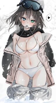  1girl absurdres bare_shoulders bikini black_bra black_panties black_scarf blue_eyes blush bra breasts brown_hair cleavage cleavage_cutout closed_mouth clothes_pull clothing_cutout coat collarbone commentary_request cowboy_shot gloves gluteal_fold goggles green_eyes grey_pants groin hair_between_eyes hat heart heterochromia highres jacket large_breasts long_sleeves looking_at_viewer medium_breasts mouth_hold navel off_shoulder open_clothes open_jacket original panties pants partially_undressed scarf shirt short_hair simple_background snow snowing solo speech_bubble spoken_heart standing stomach sweat swimsuit underwear undressing white_background white_bra white_coat white_panties yoruhoshi_owl 