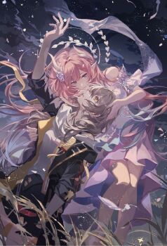  2girls absurdres arm_up armlet bare_shoulders black_jacket black_skirt breasts closed_mouth cyrene_(demiurge)_(honkai:_star_rail) cyrene_(honkai:_star_rail) dress facial_scar flower grey_hair hair_flower hair_intakes hair_ornament highres honkai:_star_rail honkai_(series) jacket jewelry long_hair looking_at_another medium_breasts multiple_girls pointy_ears purple_eyes purple_flower purple_rose rose scar scar_on_cheek scar_on_face shirt skirt smile stelle_(honkai:_star_rail) trailblazer_(honkai:_star_rail) white_dress white_shirt yellow_eyes zerotabi1210 