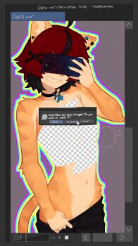  1girl aeiou_(yoako) ahoge animal_ears black_choker black_hair black_pants body_fur cat_ears cat_girl cat_tail choker clothes_pull earrings english_text furry furry_female grin hair_ornament highres jewelry multicolored_hair navel original pants pants_pull red_hair sharp_teeth short_hair smile solo tail teeth two-tone_hair undressing x_hair_ornament yoako 