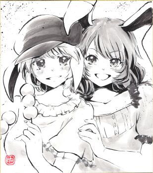  2girls absurdres animal_ears blush breasts commentary_request crescent_print dango dress flat_cap floppy_ears food greyscale hat highres holding holding_skewer long_hair looking_at_viewer medium_breasts monochrome multiple_girls rabbit_ears rabbit_girl ringo_(touhou) seiran_(touhou) shikishi short_sleeves skewer smile sumi-e touhou traditional_media translation_request wagashi yuzuha_(yuzutime) 