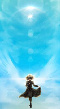  1girl angel_wings blonde_hair blue_sky boots brown_boots brown_pants closed_mouth cloud commentary_request facing_viewer flying hal_(goshujinomocha) hand_up highres jacket long_sleeves military_jacket military_uniform pants sky smile soldier solo tanya_degurechaff wings youjo_senki 