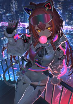  1girl absurdres black_gloves blowing_bubble_gum bodysuit bow braid building chewing_gum cityscape commentary_request covered_navel eyewear_on_head gloves highres holding holding_sword holding_weapon izumi_sai long_sleeves multicolored_gloves nekota_tsuna night official_art orange_eyes outdoors red_bow second-party_source skyscraper solo standing sword tail two-sided_gloves two-tone_gloves virtual_youtuber vspo! weapon white_bodysuit white_gloves 