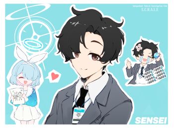  1boy 1girl absurdres anger_vein arona_(blue_archive) black_hair black_necktie black_suit blue_archive blue_archive_the_animation blue_eyes blue_hair blue_halo blue_shirt braid character_name chibi_insetwhite_ribbon closed_eyes closed_mouth collared_shirt commentary cowboy_shot crying curtained_hair doodle_sensei_(blue_archive) english_text formal_clothes gem grey_suit hair_over_one_eye hairband halo highres holding holding_gem lapels long_sleeves medium_hair meliach multicolored_hair name_tag necktie notched_lapels open_mouth pink_hair pyroxene_(blue_archive) sailor_collar schale_logo school_uniform sensei_(blue_archive) sensei_(blue_archive_the_animation) shirt short_hair simple_background single_braid skirt smile sobbing speech_bubble sticker suit white_hairband white_sailor_collar white_skirt 