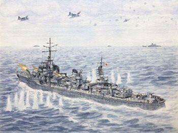  anti-aircraft anti-aircraft_gun atelier_bono battleship commentary_request destroyer firing hamakaze_(destroyer) highres imperial_japanese_navy military_vehicle no_humans ocean operation_ten-gou original painting_(medium) revision rising_sun_flag sailing ship ship_turret smokestack sunburst tbf_avenger traditional_media type_96_aa_gun under_fire vehicle_focus warship watercolor_(medium) watercraft world_war_ii yamato_(battleship) 