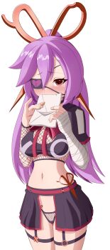  1girl absurdres bandaged_arm bandages black_choker black_sailor_collar blush broken_heart choker commission commissioner_upload covering_mouth eyepatch fishnet_gloves fishnet_panties fishnet_top fishnets garter_belt garter_straps gloves hair_between_eyes heart heart-shaped_pupils highres letter looking_at_viewer love_letter mercy_modiste midriff nail_polish navel panties red_eyes s0ft sailor_collar scissors scissors_hair_ornament showgirl_skirt skirt solo symbol-shaped_pupils underwear vallure virtual_youtuber yandere 