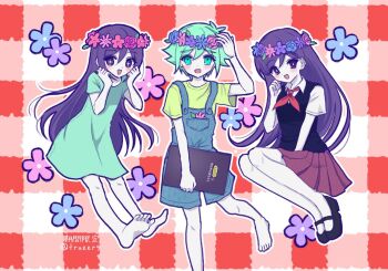  +_+ 1boy 2girls antenna_hair aubrey_(headspace)_(omori) aubrey_(omori) barefoot basil_(headspace)_(omori) basil_(omori) black_shoes black_sweater_vest blue_overalls blue_shirt blush bright_pupils checkered_background collared_shirt colored_skin commentary double-parted_bangs flower flower_wreath green_eyes green_hair green_shirt hair_between_eyes hand_up hashtag-only_commentary head_wreath highres long_hair long_shirt looking_at_viewer mari_(headspace)_(omori) mari_(omori) multiple_girls neckerchief omori open_mouth overall_shorts overalls pleated_skirt purple_eyes purple_hair red_background red_neckerchief red_skirt shirt shoes short_hair short_sleeves sidelocks skirt smile sweater_vest t-shirt true_erg twitter_username two-tone_background white_background white_pupils white_shirt white_skin 