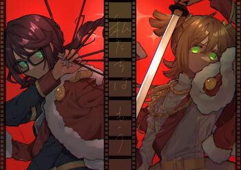  2girls :| absurdres ageharuuu aiguillette arm_up arrow_(projectile) badge belt belt_buckle black-framed_eyewear blonde_hair blue_jacket bow_(weapon) buckle chromatic_aberration closed_mouth commentary_request covered_mouth daiba_nana epaulettes film_strip film_strip_border fingernails flipped_bangs floating floating_hair floating_object fur-trimmed_jacket fur_trim glasses glowing glowing_eyes green_eyes green_ribbon grey_jacket hair_between_eyes hair_ribbon hand_on_blade hand_up highres holding holding_arrow holding_sword holding_weapon hoshimi_junna jacket jacket_on_shoulders katana long_hair long_sleeves looking_at_viewer looking_to_the_side low_ponytail multiple_girls ponytail purple_hair red_background red_jacket red_sash red_theme ribbon sash short_hair shoujo_kageki_revue_starlight shoulder_sash sidelocks sparkle_background split_theme star_(symbol) sword translation_request two_side_up upper_body weapon yellow_belt yellow_trim 