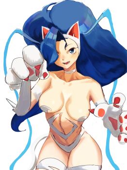1girl animal_ears animal_hands bare_shoulders blue_eyes blue_hair breasts cat_ears cat_girl cat_tail darkstalkers dondobi felicia_(darkstalkers) large_breasts long_hair looking_at_viewer one_eye_covered tail teeth very_long_hair white_background white_fur