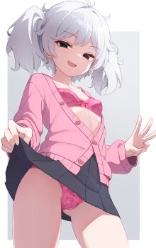 1girl 318-chan :d ahoge black_eyes black_skirt bra breasts cameltoe cardigan clothes_lift commentary_request floral_print from_below gluteal_fold grey_background highres hudeako lifting_own_clothes lingerie looking_at_viewer middle_w open_cardigan open_clothes open_mouth original panties pink_bra pink_cardigan pink_panties pleated_skirt simple_background skirt skirt_lift small_breasts smile thighs twintails two-tone_background underwear w white_background white_hair rating:Sensitive score:125 user:danbooru
