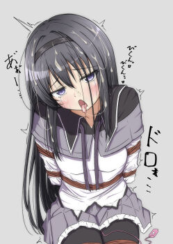  1girl absurdres akemi_homura akemi_homura_(magical_girl) arms_behind_back bdsm black_collar black_hair black_hairband black_pantyhose blush bondage bound bound_arms bound_legs bound_thighs bound_torso bukkake capelet collar crying crying_with_eyes_open cum cum_in_mouth cum_on_body cum_on_hair cumdrip dress_shirt facial facing_viewer frilled_skirt frills from_above grey_background grey_skirt hair_between_eyes hair_intakes hairband hetero highres japanese_text legs_tied_together legs_together loli long_hair long_sleeves looking_at_viewer magical_girl mahou_shoujo_madoka_magica messy_hair open_mouth pale_skin pantyhose purple_eyes purple_ribbon reno_3tomato ribbon rope sex_toy shibari shibari_over_clothes shirt sitting skirt sound_effects tape tears tongue tongue_out very_long_hair vibrator vibrator_cord vibrator_under_clothes white_shirt 