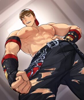  1boy abs armband backwards_hat bandaid bandaid_on_cheek bandaid_on_face bara baseball_cap belt beom_liben black_belt black_gloves black_pants brown_eyes brown_hair bulge chain clenched_teeth commentary_request commission fingerless_gloves from_below gloves hand_on_own_hip hat henen_illust highres korean_commentary large_pectorals looking_at_viewer male_focus manly muscular muscular_male navel nipples original pants pectoral_cleavage pectorals short_hair smile solo sweat teeth thigh_peek topless_male torn_clothes torn_pants very_sweaty 