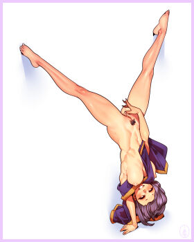 1girl absurdres bad_source barefoot black_hair blush breasts cheunchin clothes_lift commission commissioner_upload female_pubic_hair fire_emblem fire_emblem:_genealogy_of_the_holy_war fire_emblem_heroes full_body handstand highres larcei_(fire_emblem) large_breasts looking_at_viewer lycoris_challenge_(meme) md5_mismatch medium_hair meme navel nintendo nipples nude one_arm_handstand open_mouth pubic_hair pussy pussy_juice pussy_juice_trail resolution_mismatch simple_background smile smug solo source_smaller spread_legs toned uncensored upside-down rating:Explicit score:252 user:danbooru