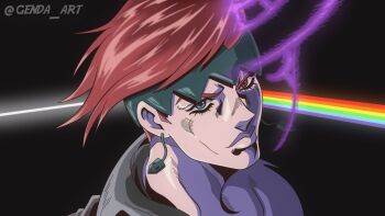  1boy anime_coloring araki_hirohiko_(style) black_background colored_skin commentary dark_side_of_the_moon diamond_wa_kudakenai earrings english_commentary genda_art green_headband grey_shirt grey_skin hatching_(texture) headband heaven's_door heterochromia highres jewelry jojo_no_kimyou_na_bouken kishibe_rohan kishibe_rohan_wa_ugokanai lips looking_at_viewer male_focus nib_pen_(object) official_style pen pink_floyd portrait purple_eyes rainbow recolored red_eyes red_hair shirt short_hair solo stand_(jojo) stone_ocean twitter_username 
