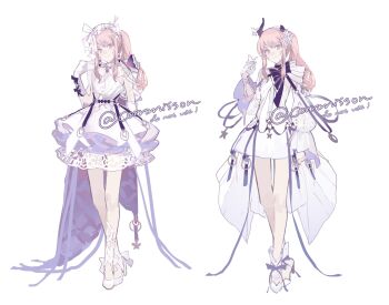  1other akiyama_mizuki ankle_bow ankle_ribbon bare_legs beads bow bowtie broken_horn bug butterfly butterfly_hair_ornament butterfly_on_hand butterfly_on_horn cape clenched_hand closed_mouth coattails commentary commission crossed_ankles demon_horns dress earrings english_commentary frilled_dress frills full_body gloves hair_beads hair_bow hair_ornament hand_on_own_shoulder happy high_heels highres hoop_earrings horns insect jewelry layered_sleeves leg_ribbon lobelia_(saclia) long_sleeves looking_at_viewer no_socks other_focus pink_eyes pink_hair project_sekai puffy_long_sleeves puffy_sleeves purple_bow purple_bowtie purple_cape purple_horns purple_ribbon ribbon shoes short_dress side_ponytail sidelocks simple_background sleeves_past_wrists smile socks standing strapless strapless_dress two-sided_cape two-sided_fabric variations watermark white_background white_bow white_butterfly white_cape white_dress white_gloves white_ribbon white_shoes white_socks 