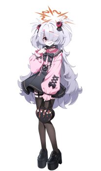  1girl absurdres alternate_costume bag black_bow black_bowtie black_ribbon black_shoes black_skirt black_thighhighs blue_archive bow bowtie brown_eyes brown_halo frilled_shirt frills full_body grey_hair hair_bobbles hair_ornament hair_over_one_eye hairclip halo handbag hashtag-only_commentary heart heart-shaped_pupils high-waist_skirt highres jirai_kei kanoe_(blue_archive) long_hair long_sleeves looking_at_viewer mask mask_pull mouth_mask multicolored_eyes od_sey pink_hair pink_shirt platform_shoes puffy_long_sleeves puffy_sleeves puritan_collar ribbon shirt shoes simple_background skirt smile solo suspender_skirt suspenders symbol-shaped_pupils thighhighs two-tone_background two-tone_eyes two_side_up white_background x_hair_ornament zettai_ryouiki 