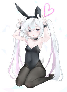  1girl :p absurdres alternate_costume animal_ear_hairband animal_ears bare_shoulders black_choker black_hairband black_leotard black_pantyhose blue_archive blush braid breasts bunching_hair choker covered_navel double_v fake_animal_ears fathertrex grey_eyes hairband halo hands_in_own_hair hands_up heart heart_halo highres leotard loli long_hair looking_at_viewer pantyhose pink_hair plana_(blue_archive) playboy_bunny rabbit_ears red_halo simple_background small_breasts solo strapless tongue tongue_out twintails v very_long_hair white_background white_hair 