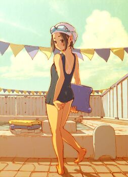  1girl adjusting_clothes adjusting_swimsuit ass barefoot feet female_focus highres looking_back one-piece_swimsuit outdoors pool school_swimsuit short_hair sky solo standing standing_on_one_leg swimsuit tan tanline tessaku_ro wedgie  rating:Questionable score:6 user:yanderecs2nd