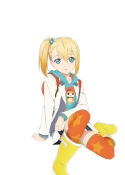  1girl artist_request blonde_hair blue_eyes boots edna_(respected_senior)_(tales) edna_(tales) full_body game_cg hair_ornament hood hooded_sweater looking_at_viewer medium_hair normin_(tales) official_alternate_costume official_art open_mouth orange_thighhighs phoenix_(tales) print_thighhighs side_ponytail sitting solo sweater tales_of_(series) tales_of_asteria tales_of_zestiria thighhighs third-party_source transparent_background yellow_boots 