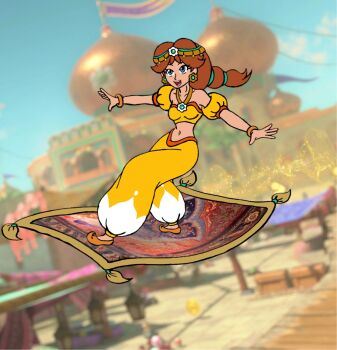  1girl blue_eyes breasts brown_hair carpet day earrings female_focus flower_earrings flying full_body grin jewelry long_hair magic_carpet mario_(series) mario_kart mario_kart_world midriff navel nintendo official_alternate_costume palace ponytail princess_daisy princess_daisy_(oasis) smile tiara  rating:General score:4 user:Mr._Jive