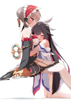  2girls absurdres bare_legs bare_shoulders black_hair blue_eyes blush bonnet braid braided_bun breasts closed_eyes closed_mouth columbina_(genshin_impact) commentary_request detached_sleeves dress genshin_impact gloves grey_hair hair_bun hand_on_another's_head highres hug invisible_chair kneeling multiple_girls open_mouth pia_(botamochinjufu) pink_streaks sandrone_(genshin_impact) simple_background sitting smile thighhighs white_background white_dress white_gloves white_thighhighs winding_key yuri 