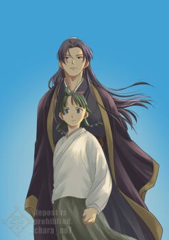  1boy 1girl beads blue_background blue_eyes blunt_bangs bun_cover chara_no7 chinese_clothes closed_mouth cowboy_shot green_hair green_skirt hair_beads hair_ornament hair_ribbon half_updo jinshi_(kusuriya_no_hitorigoto) kusuriya_no_hitorigoto long_hair maomao_(kusuriya_no_hitorigoto) parted_bangs purple_hair ribbon shirt sidelocks skirt twitter_username white_shirt 