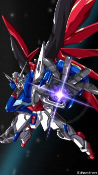  absurdres commentary destiny_gundam destiny_gundam_spec_ii energy_weapon green_eyes gundam gundam_seed gundam_seed_freedom gundrass highres light_particles looking_at_viewer mecha mecha_focus mechanical_wings mobile_suit no_humans robot science_fiction solo space v-fin wings 