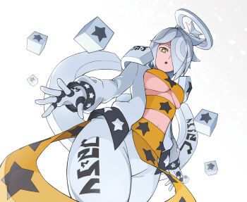  1girl :o ahoge angel aotu_world breasts bright_pupils cube daniel_(aotu_world) fingerless_gloves floating floating_object from_below genderswap genderswap_(mtf) gloves hair_over_one_eye halo highres jacket large_breasts long_hair long_sleeves looking_at_viewer looking_down navel open_clothes open_jacket open_mouth pants revealing_clothes sash short_hair simple_background solo star_(symbol) star_print underboob user_kkya5245 white_background white_gloves white_hair white_jacket white_pants yellow_eyes yellow_sash 