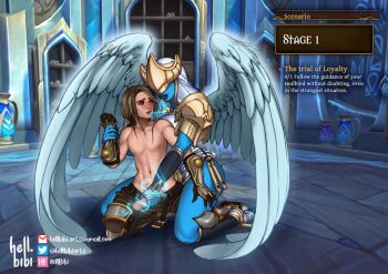  1boy 1girl angel_wings armor black_sleeves blizzard_entertainnment blue_skin breasts brown_hair colored_skin corruption covered_eyes foot_wraps gender_transitioning gold_armor gold_trim hand_wraps handjob hellbibiarts kneeling large_breasts magic parted_lips partially_undressed thick_thighs thighs warcraft wings 