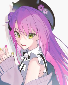  1girl badge beret black_hat black_ribbon button_badge cardigan cardigan_partially_removed choppy_bangs colored_inner_hair commentary_request fake_horns frilled_shirt frills from_side green_eyes grey_cardigan hair_bun hands_up happy hat hat_pin highres hololive horned_headwear horns jirai_kei long_hair multicolored_hair multicolored_nails nail_polish official_alternate_costume open_cardigan open_clothes open_mouth own_hands_together panda_0035 pink_hair pink_nails pom_pom_(clothes) purple_hair ribbon shadow shirt sidelighting simple_background single_sleeve_past_wrist sleeveless sleeveless_shirt smile solo suspenders swept_bangs tokoyami_towa tokoyami_towa_(jirai_kei) translation_request turning_head virtual_youtuber white_background white_shirt yellow_nails 