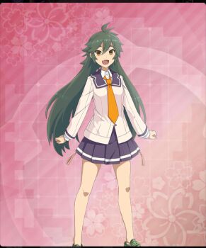 1girl :d antenna_hair blue_sailor_collar blue_skirt breasts clenched_hands dot_nose fang feet_out_of_frame floral_background fujimaki_minaki game_cg green_hair green_shoes hair_between_eyes jacket layered_sleeves long_hair looking_at_viewer low_twintails neckerchief official_art open_mouth pink_background renpu_girls_school_uniform sailor_collar school_uniform shirt shoes skirt small_breasts smile sneakers solo third-party_source toji_no_miko toji_no_miko:_kizamishi_issen_no_tomoshibi twintails white_jacket white_shirt yellow_eyes yellow_neckerchief 