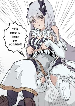  2girls :o bow braid breasts cleavage commentary detached_sleeves dress emphasis_lines english_commentary english_text fangs fate/strange_fake fate_(series) francesca_prelati_(fate) frieren frieren_stuck_in_a_mimic_(meme) grey_hair hair_bow highres kneeling long_hair medium_breasts meme multiple_girls multiple_hair_bows rayn_n season_connection sousou_no_frieren speech_bubble striped_clothes striped_dress thighhighs vertical-striped_clothes vertical-striped_dress white_background white_thighhighs 