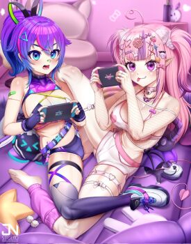  ahoge bandaid bandaid_hair_ornament bandaid_on_arm bandaid_on_face bandaid_on_nose barefoot blue_eyes blue_hair bone_hair_ornament bow breasts bubi_(ironmouse) cleavage closed_mouth crescent crescent_hair_ornament decora elbow_gloves fang fingerless_gloves fishnet_gloves fishnets food-themed_hair_ornament gloves hair_bow hair_ornament halterneck handheld_game_console heart heart_ahoge hen_squad_(henya_the_genius) highres holding holding_handheld_game_console ironmouse ironmouse_outfit_art_contest jnstudio large_breasts lollipop_hair_ornament melody_(projektmelody) melody_(projektmelody)_(summer) multicolored_hair nail_polish nintendo_switch o-ring o-ring_thigh_strap open_mouth pink_bow pink_hair pointy_ears purple_eyes purple_gloves purple_hair rabbit_hair_ornament red_hair shirt shoes shorts skin_fang smile spiked_thigh_strap strawberry_hair_ornament streaked_hair t0m_(projektmelody) thigh_strap tongue tongue_out triangle_hair_ornament two_side_up virtual_youtuber vshojo white_footwear white_shirt white_shorts x_hair_ornament  rating:Sensitive score:40 user:danbooru