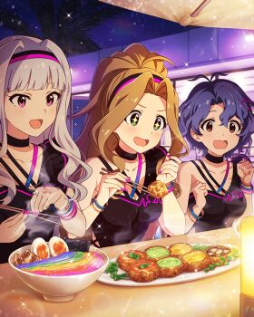 3girls ahoge anime_coloring antenna_hair asymmetrical_one-piece_swimsuit black_choker black_hairband black_one-piece_swimsuit blue_hair bowl breasts brown_eyes brown_hair casual_one-piece_swimsuit choker chopsticks cleavage collarbone croquette cross-laced_clothes cross-laced_one-piece_swimsuit curtained_hair dot_nose earrings egg_(food) food frills game_cg green_eyes grey_hair hair_ornament hairband heart heart_earrings heart_hair_ornament high_heels high_ponytail holding holding_chopsticks idolmaster idolmaster_million_live! idolmaster_million_live!_theater_days jewelry large_breasts long_hair meat multiple_girls nail_polish night nikaido_chizuru noodles official_art one-piece_swimsuit open_mouth parasol pink_eyes pink_hairband ponytail rainbow_order ramen shijou_takane short_hair sky smile softboiled_egg sparkle sparkling_eyes star_(sky) starry_sky swimsuit third-party_source toyokawa_fuka umbrella wavy_hair wide_ponytail wristband