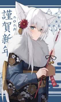  1girl animal_ears arrow_(projectile) asa_no_ha_(pattern) bell black_kimono black_ribbon blue_background blue_eyes blue_kimono cat_ears cat_girl commentary_request egasumi ema expressionless fuka_kurotsuji fur-trimmed_kimono fur_trim hair_ornament hamaya highres holding holding_arrow japanese_clothes jingle_bell kanzashi kimono long_hair looking_at_viewer multicolored_kimono nengajou new_year obi obiage obijime original print_kimono ribbon sash seigaiha solo two-tone_background upper_body white_background white_hair wide_sleeves 