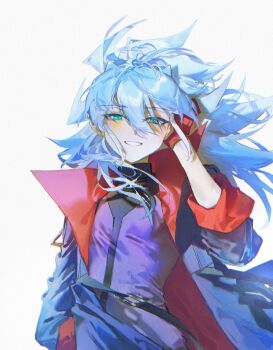  1boy alien_888 antenna_hair arm_behind_back arm_behind_head blue_coat blue_hair coat commentary cowboy_shot facing_viewer green_eyes hair_between_eyes hair_slicked_back hand_in_own_hair hand_in_pocket high_collar highres looking_at_viewer male_focus open_clothes open_coat purple_sweater red_trim sleeves_rolled_up smile spiked_hair sweater white_background wind yu-gi-oh! yu-gi-oh!_go_rush!! yudias_velgear 