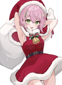  1girl armpits arms_up bell belt bow bowtie capelet commission dress etoria fur-trimmed_capelet fur-trimmed_dress fur_trim green_bow green_bowtie green_eyes hat highres indie_virtual_youtuber medium_hair open_mouth pink_hair poteko_(vtuber) red_capelet red_dress red_hat santa_costume santa_dress santa_hat simple_background skeb_commission smile solo upper_body virtual_youtuber white_background 