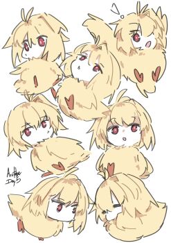 ! 1girl absurdres ahoge arcueid_brunestud baby_animal bird bird_legs bird_tail bird_wings blonde_hair chibi duck duckling highres jonyeld red_eyes short_hair sleeping surprised tail tsukihime tsukihime_(remake) wings rating:General score:2 user:danbooru