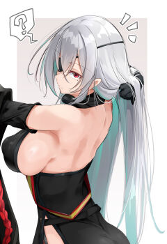  1girl ? absurdres aqua_hair armpits azur_lane black_dress black_gloves border breasts colored_inner_hair commentary_request dress eyepatch fritz_rumey_(azur_lane) gloves grey_background grey_hair highres large_breasts long_hair looking_at_viewer mole mole_under_eye multicolored_hair one_eye_covered oriue_wato red_eyes sideboob solo speech_bubble white_border 